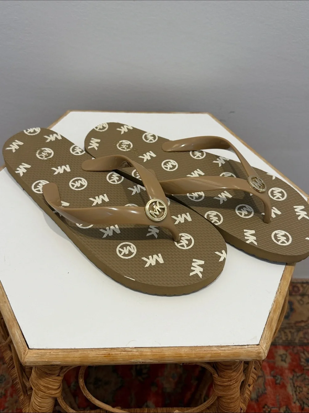Michael Kors Brown MK Logo Flip Flop Sandals with Gold Emblem